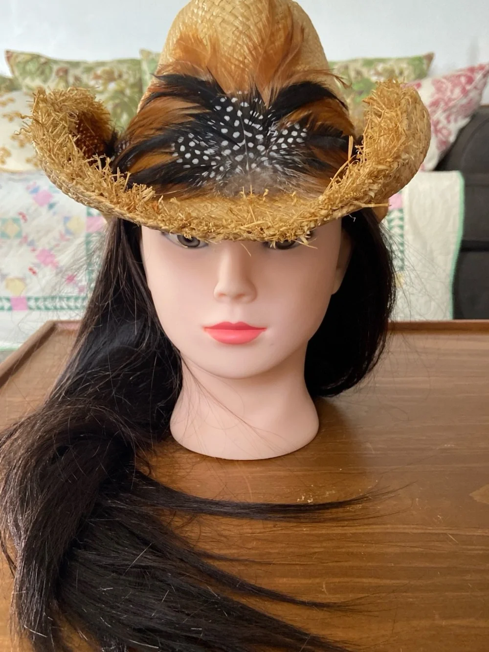J Hats NWT Straw Cowgirl Hat with Brown & Black Feather Accent